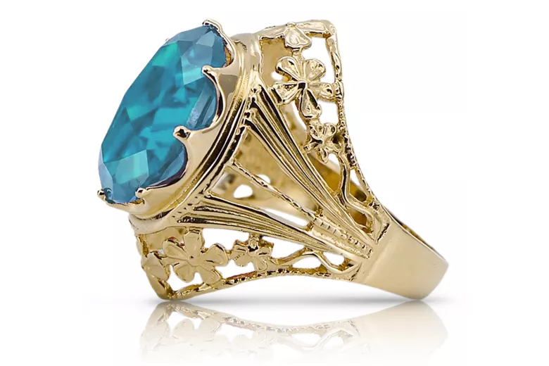 Aquamarine 8K жълто злато Пръстен Винтидж крафт vrc031x-aq Art Deco Руски стил СССР, съветски